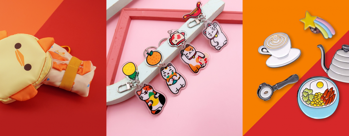 Vivopress mascot products including a custom tote, acrylic keychains and pins