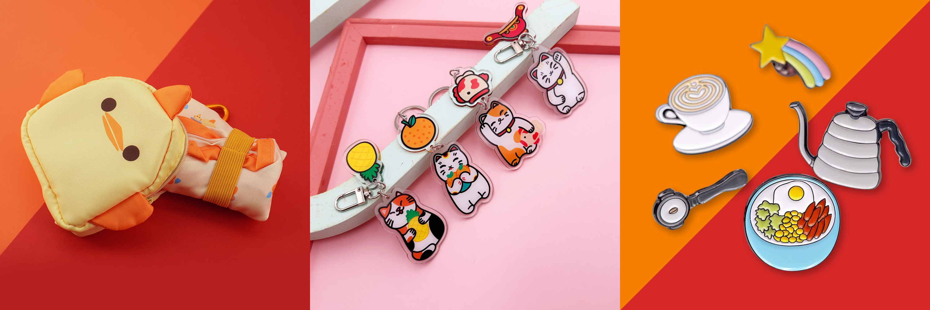 Vivopress mascot products including a custom tote, acrylic keychains and pins